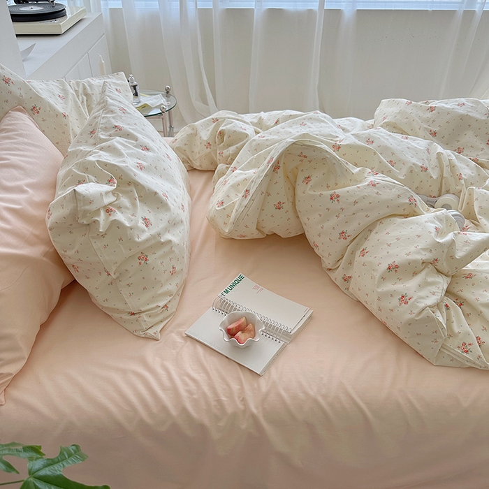 91家纺网 家纺一手货源 找家纺 2025新款纯棉小清新四件套小碎花学生三件套纯色床单印花枕套双人床笠 清如