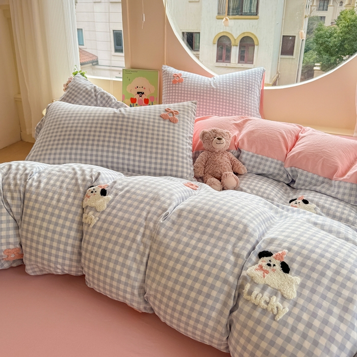 91家纺网 家纺一手货源 找家纺 优佳优品 2024新款水洗棉毛巾绣四件套（可提供买家秀） 蓝色萌宠