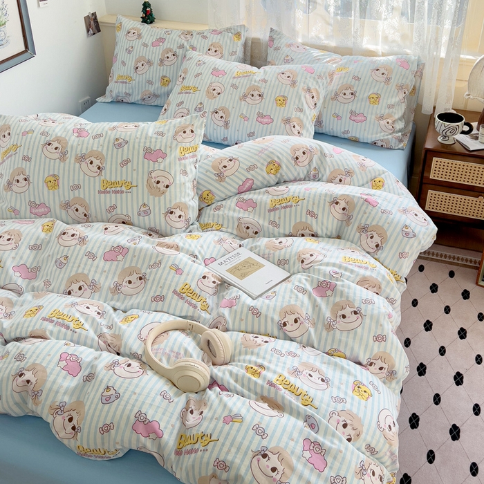 91家纺网 家纺一手货源 找家纺 夜笙2025新款A类水洗棉双层纱印花四件套 糖小佳