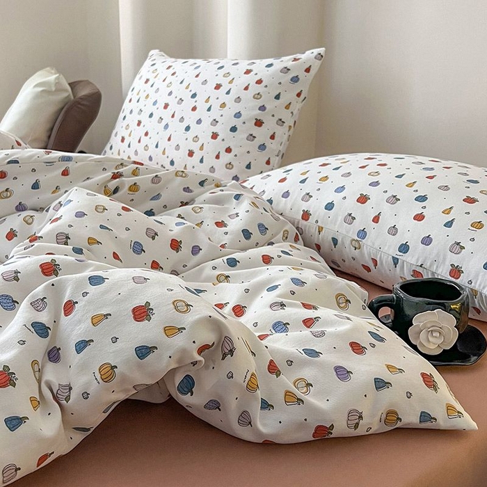 91家纺网 家纺一手货源 找家纺 2025新款针织棉双层纱四件套小碎花被套床单床笠款学生三件套新款直播热款-床图-系列一 水果派