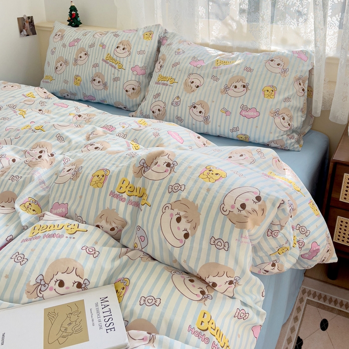 91家纺网 家纺一手货源 找家纺 夜笙2025新款A类水洗棉双层纱印花四件套 糖小佳