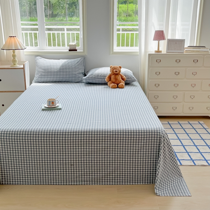 91家纺网 家纺一手货源 找家纺 韩巢家纺 2025新款格子纯色A类水洗棉床单单件 A类兰色格-床单