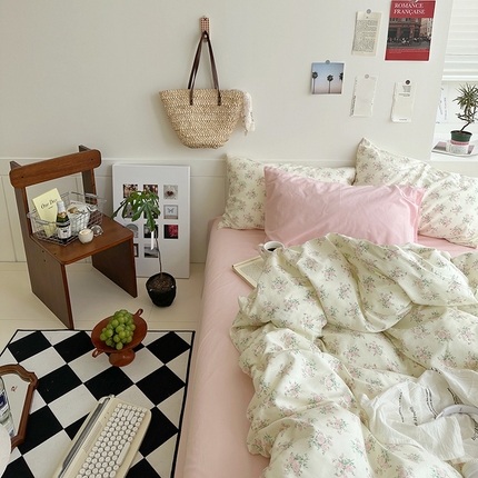 91家纺网 家纺一手货源 找家纺 （总）2025新款纯棉小清新四件套小碎花学生三件套纯色床单印花枕套双人床笠