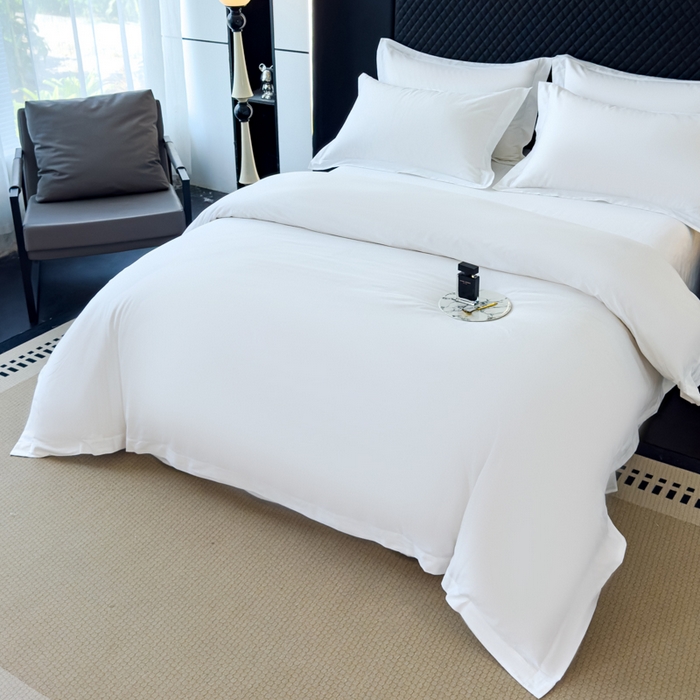 91家纺网 家纺一手货源 找家纺 锦彩 2025新款40长绒棉酒店宾馆民宿学生三件套正宗13372双拼纯色全棉四件套（可定制）绑带款纯白