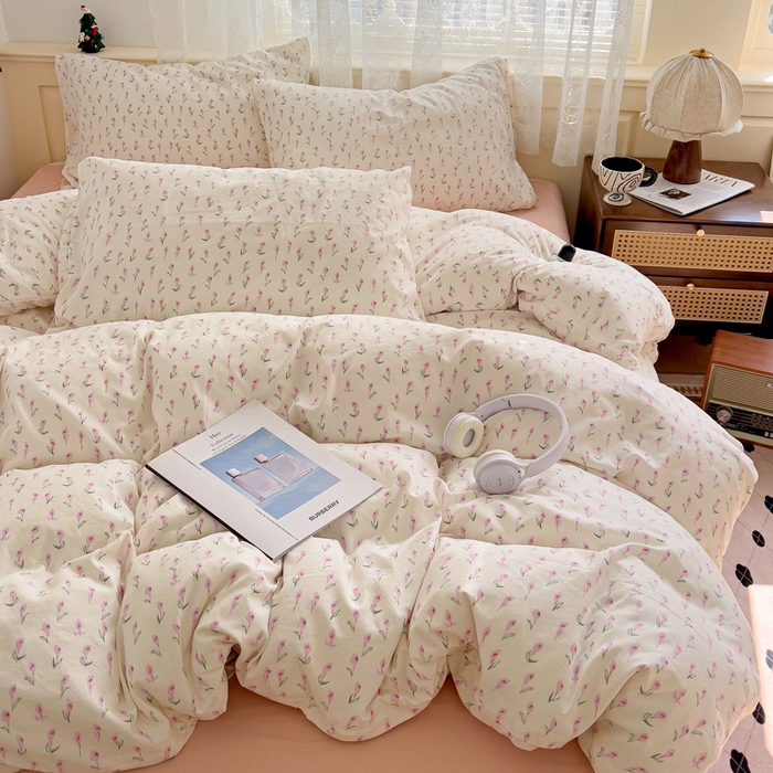 91家纺网 家纺一手货源 找家纺 夜笙2025新款A类水洗棉双层纱印花四件套 彩莲