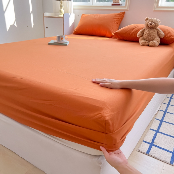 91家纺网 家纺一手货源 找家纺 韩巢家纺 2025新款A类纯色格子水洗棉床笠单件床罩床套 A类铁锈红-床笠