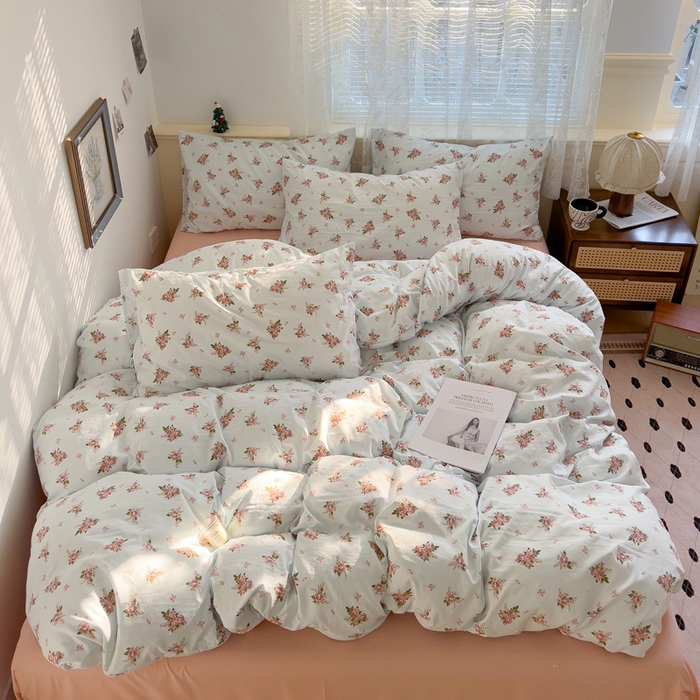 91家纺网 家纺一手货源 找家纺 夜笙2025新款A类水洗棉双层纱印花四件套 法式浪漫