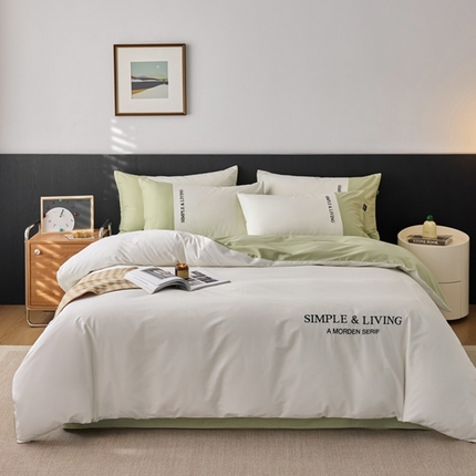 91家纺网 家纺一手货源 找家纺 佳汐蓝家纺 2025春夏新款无印水洗棉自由空间四件套 自由白豆绿