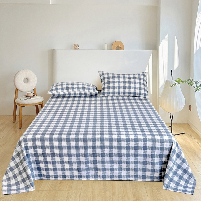 91家纺网 家纺一手货源 找家纺 棉乐町家居 2025年新款印花原棉标老粗布床单 渐变蓝格