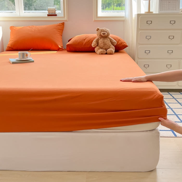 91家纺网 家纺一手货源 找家纺 韩巢家纺 2025新款A类纯色格子水洗棉床笠单件床罩床套 A类铁锈红-床笠