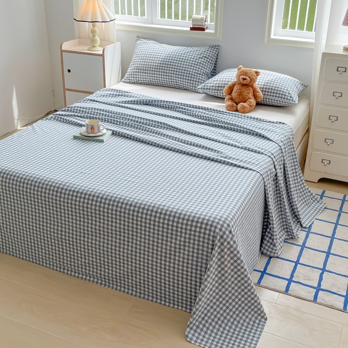 91家纺网 家纺一手货源 找家纺 韩巢家纺 2025新款格子纯色A类水洗棉床单单件 A类兰色格-床单