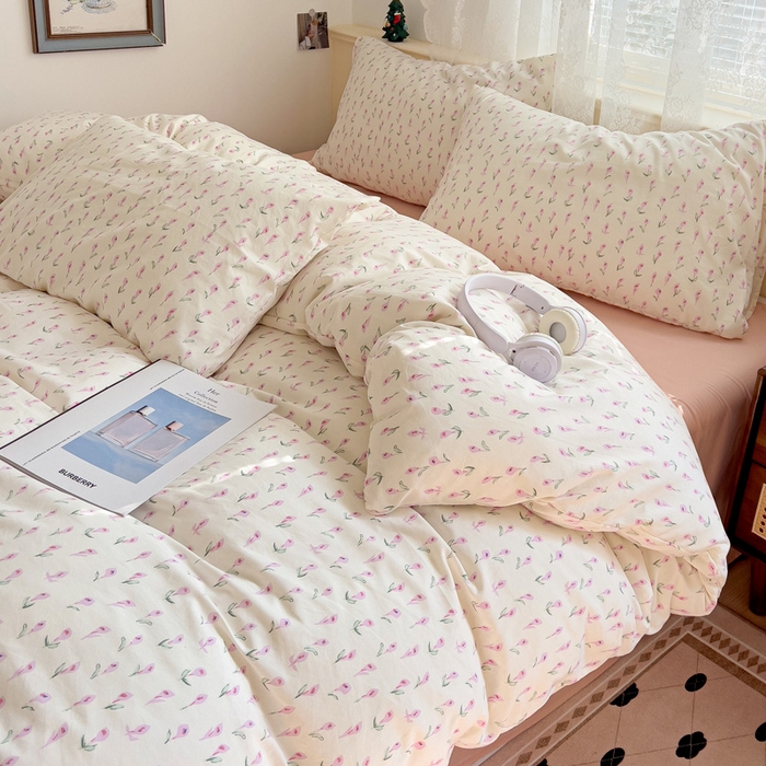 91家纺网 家纺一手货源 找家纺 夜笙2025新款A类水洗棉双层纱印花四件套 彩莲