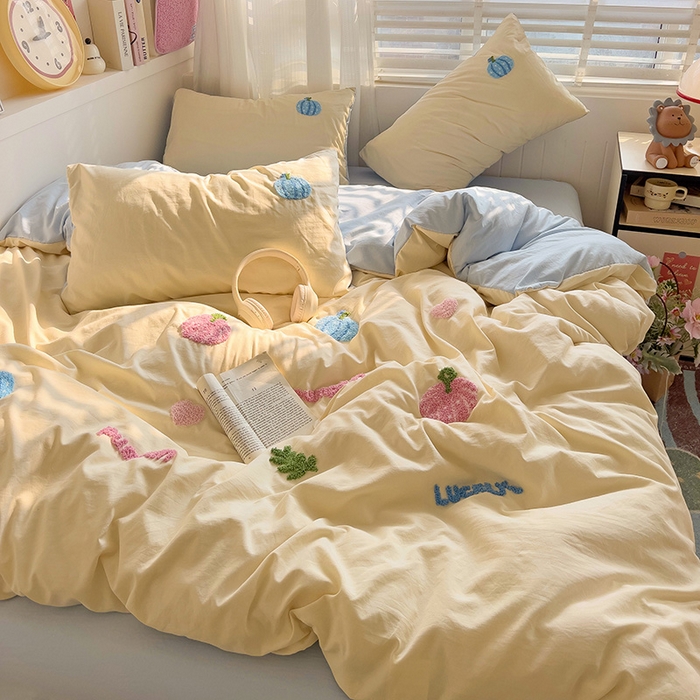 91家纺网 家纺一手货源 找家纺 暖芯优选 2025新款超柔水洗棉INS小红书毛巾绣卡通四件套（提供买家秀） 南瓜派对