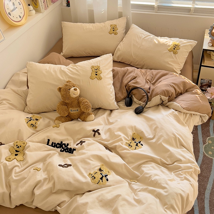 91家纺网 家纺一手货源 找家纺 暖芯优选 2025新款超柔水洗棉INS小红书毛巾绣卡通四件套（提供买家秀） 焦糖奶茶