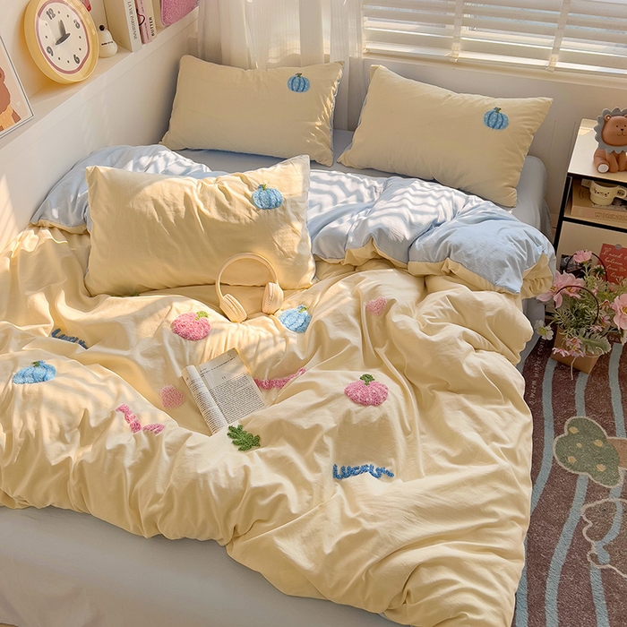 91家纺网 家纺一手货源 找家纺 暖芯优选 2025新款超柔水洗棉INS小红书毛巾绣卡通四件套（提供买家秀） 南瓜派对