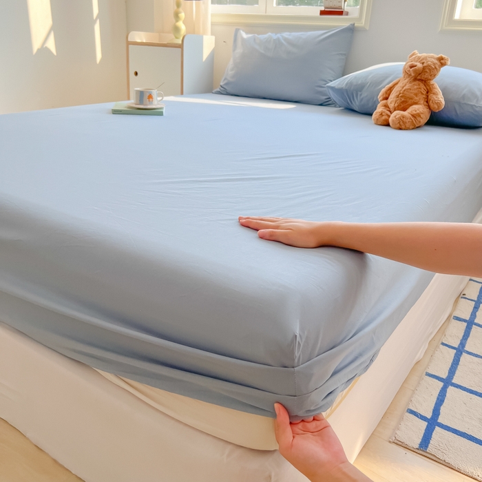 91家纺网 家纺一手货源 找家纺 韩巢家纺 2025新款A类纯色格子水洗棉床笠单件床罩床套 A类浅兰-床笠