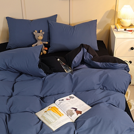 91家纺网 家纺一手货源 找家纺 悦织湾家纺 2025新款亲肤水洗棉纯色双拼四件套轻奢时尚 双拼宝兰+酷黑