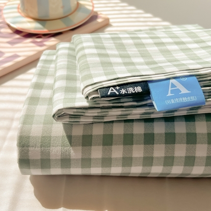91家纺网 家纺一手货源 找家纺 韩巢家纺 2025新款格子纯色A类水洗棉床单单件 浅绿格