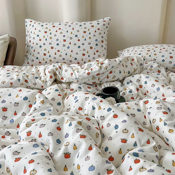 91家纺网 家纺一手货源 找家纺 2025新款针织棉双层纱四件套小碎花被套床单床笠款学生三件套新款直播热款-床图-系列一 水果派