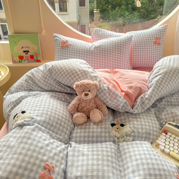 91家纺网 家纺一手货源 找家纺 优佳优品 2024新款水洗棉毛巾绣四件套（可提供买家秀） 蓝色萌宠