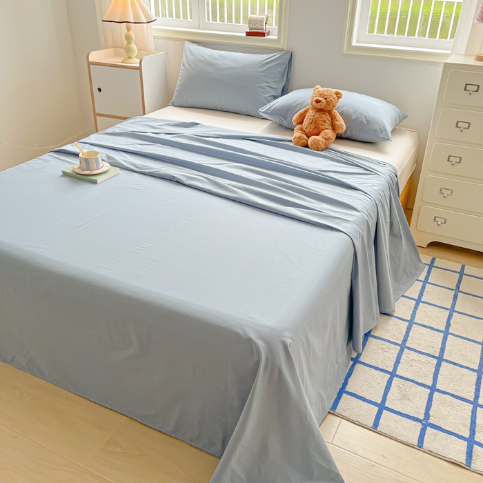 91家纺网 家纺一手货源 找家纺 韩巢家纺 2025新款格子纯色A类水洗棉床单单件 A类浅兰-床单