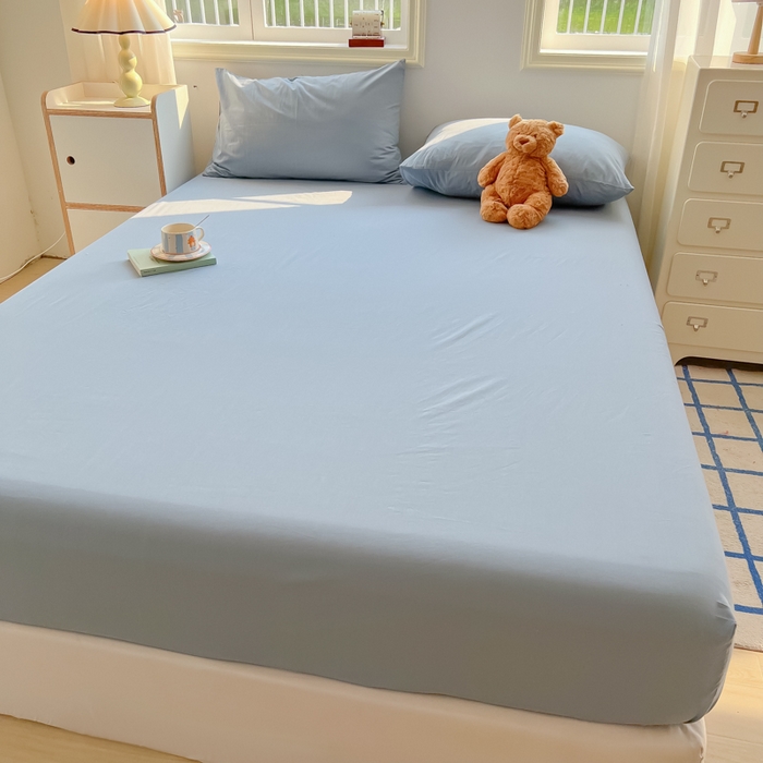 91家纺网 家纺一手货源 找家纺 韩巢家纺 2025新款A类纯色格子水洗棉床笠单件床罩床套 A类浅兰-床笠