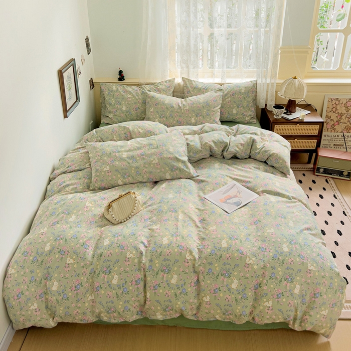 91家纺网 家纺一手货源 找家纺 夜笙2025新款A类水洗棉双层纱印花四件套 飞飞兔