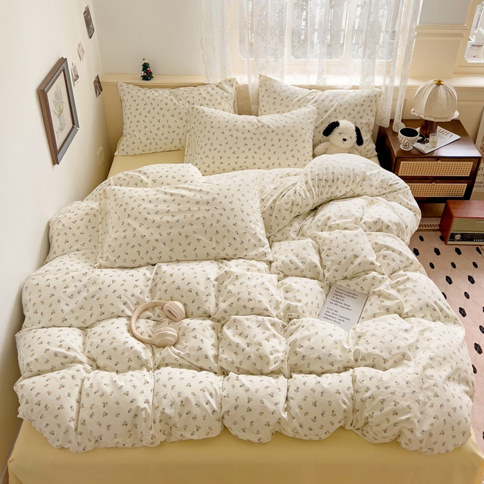 91家纺网 家纺一手货源 找家纺 夜笙2025新款A类水洗棉双层纱印花四件套 花影