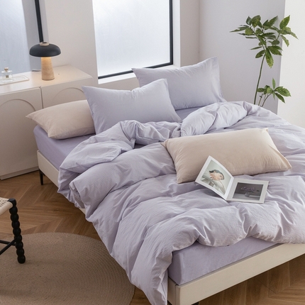 91家纺网 家纺一手货源 找家纺 玖弘家居 2025新款水洗棉四件套-细格系列 紫细格