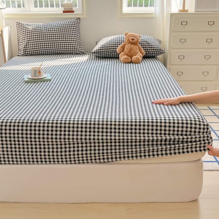 91家纺网 家纺一手货源 找家纺 韩巢家纺 2025新款A类纯色格子水洗棉床笠单件床罩床套 A类黑色格-床笠