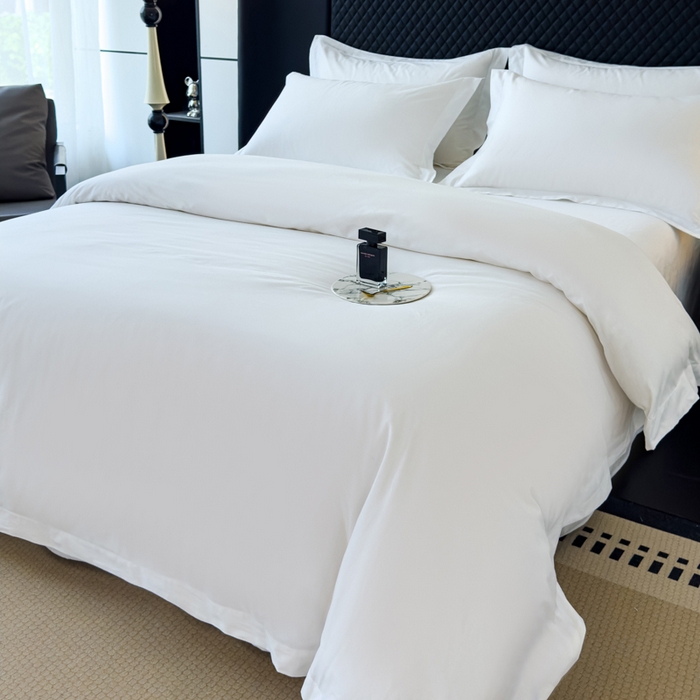 91家纺网 家纺一手货源 找家纺 锦彩 2025新款40长绒棉酒店宾馆民宿学生三件套正宗13372双拼纯色全棉四件套（可定制）绑带款纯白