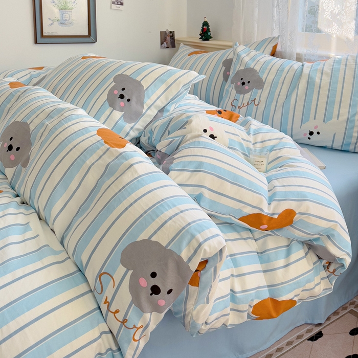 91家纺网 家纺一手货源 找家纺 夜笙2025新款A类水洗棉双层纱印花四件套 云朵小狗