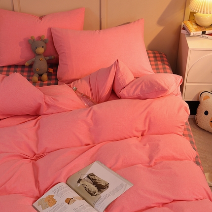 悦织湾家纺 2025新款亲肤水洗棉纯色双拼四件套轻奢时尚 双拼玫粉+方格