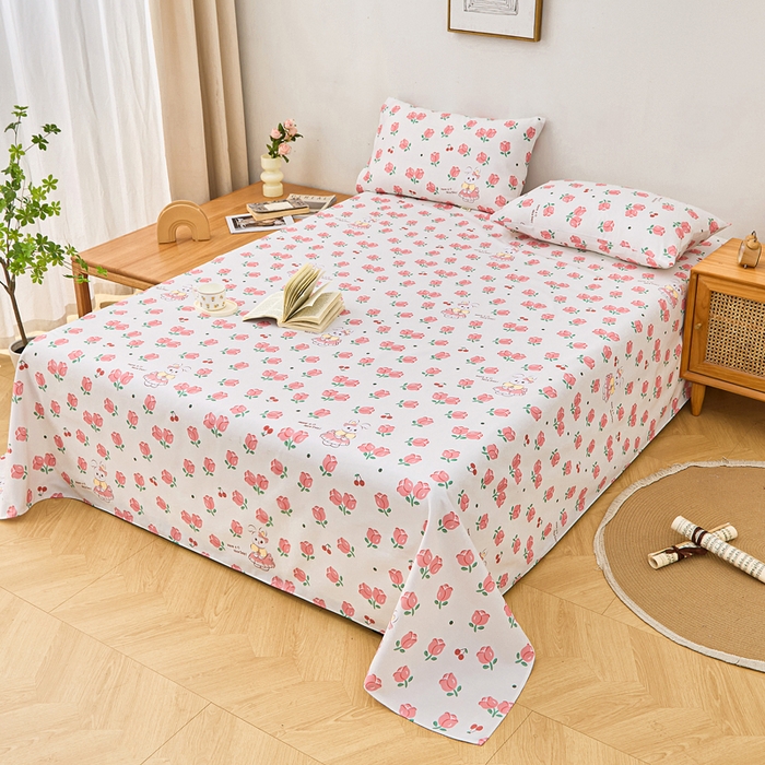 91家纺网 家纺一手货源 找家纺 首爱家纺 2025新款印花原棉标老粗布床单老粗布凉席软凉席 玫瑰小兔