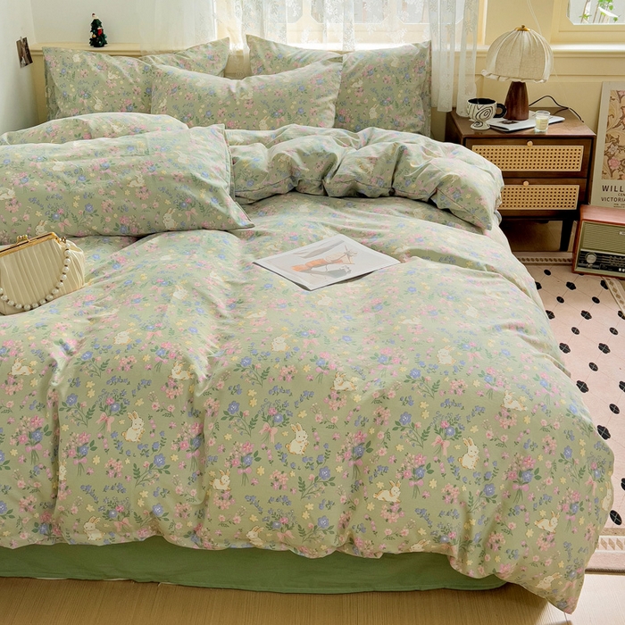 91家纺网 家纺一手货源 找家纺 夜笙2025新款A类水洗棉双层纱印花四件套 飞飞兔