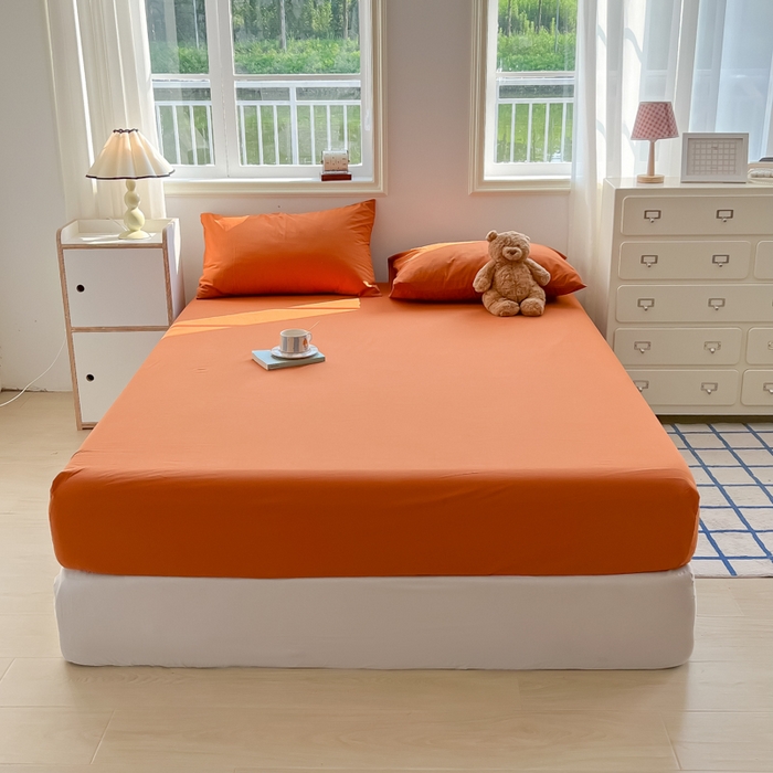 91家纺网 家纺一手货源 找家纺 韩巢家纺 2025新款A类纯色格子水洗棉床笠单件床罩床套 A类铁锈红-床笠