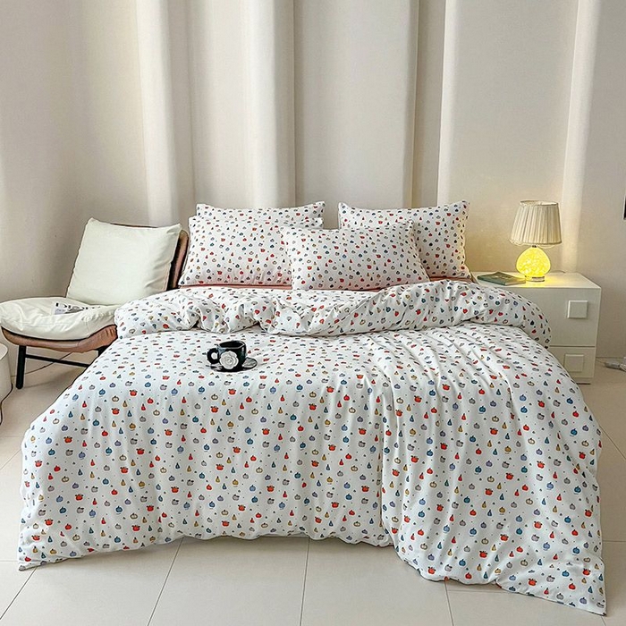 91家纺网 家纺一手货源 找家纺 2025新款针织棉双层纱四件套小碎花被套床单床笠款学生三件套新款直播热款-床图-系列一 水果派