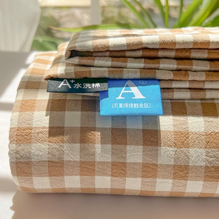 韩巢家纺 2025新款格子纯色A类水洗棉床单单件 A类杏色格-床单
