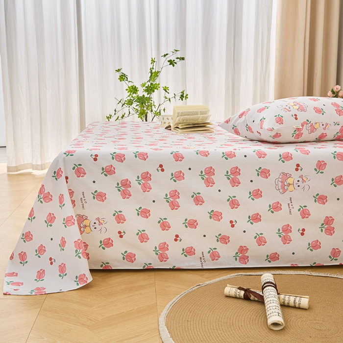 91家纺网 家纺一手货源 找家纺 棉乐町家居 2025年新款印花原棉标老粗布床单 玫瑰小兔