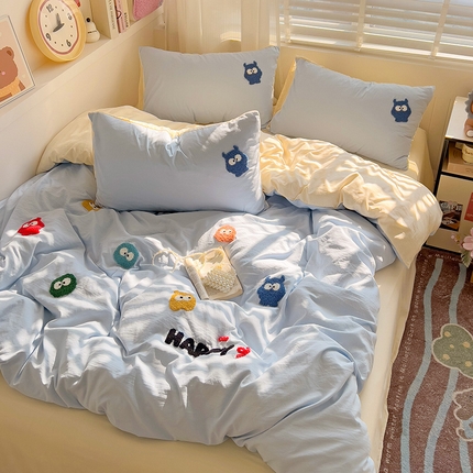 暖芯优选 2025新款超柔水洗棉INS小红书毛巾绣卡通四件套（提供买家秀） 可爱小怪兽