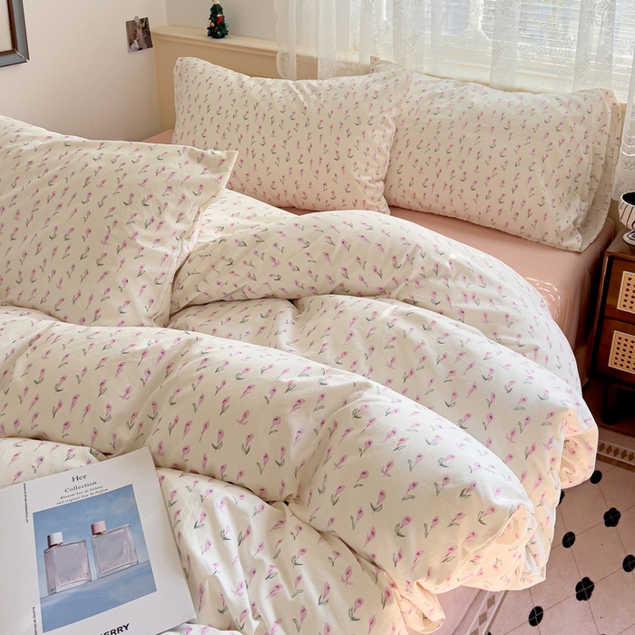 91家纺网 家纺一手货源 找家纺 夜笙2025新款A类水洗棉双层纱印花四件套 彩莲