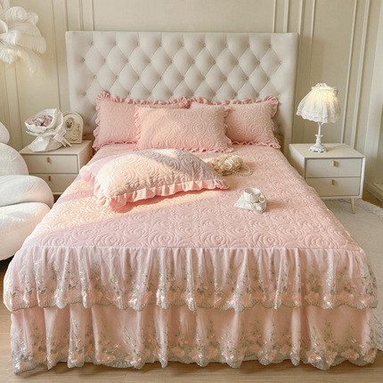 91家纺网 家纺一手货源 找家纺 恋尚 2025新款牛奶绒夹棉床笠裙-曼苏 曼苏-清新粉