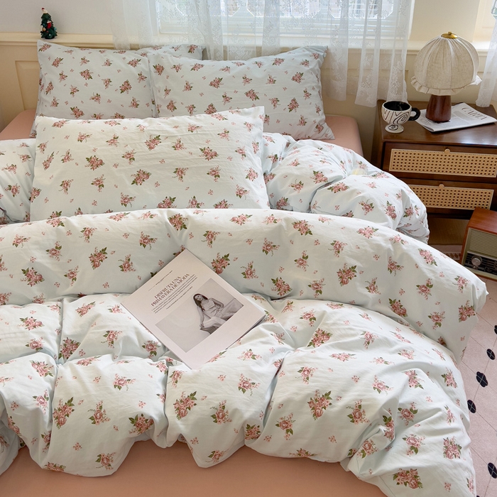 91家纺网 家纺一手货源 找家纺 夜笙2025新款A类水洗棉双层纱印花四件套 法式浪漫