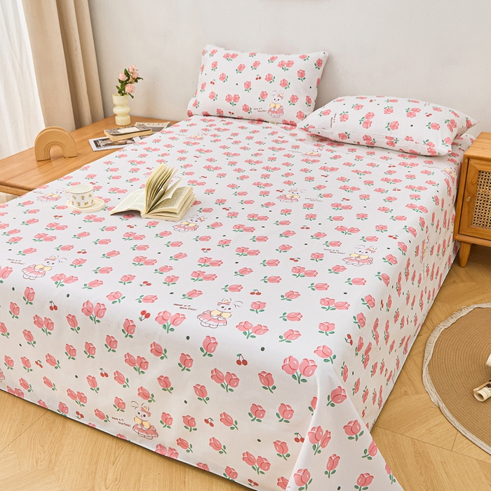 91家纺网 家纺一手货源 找家纺 首爱家纺 2025新款印花原棉标老粗布床单老粗布凉席软凉席 玫瑰小兔