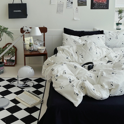 2025新款纯棉小清新四件套小碎花学生三件套纯色床单印花枕套双人床笠 呆萌熊猫