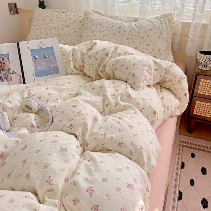 91家纺网 家纺一手货源 找家纺 夜笙2025新款A类水洗棉双层纱印花四件套 桃之夭夭