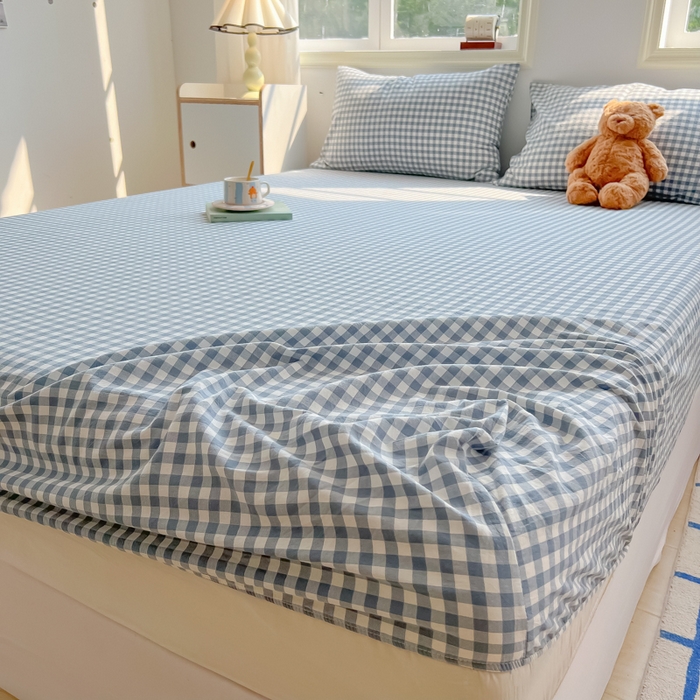 91家纺网 家纺一手货源 找家纺 韩巢家纺 2025新款A类纯色格子水洗棉床笠单件床罩床套 A类兰色格-床笠