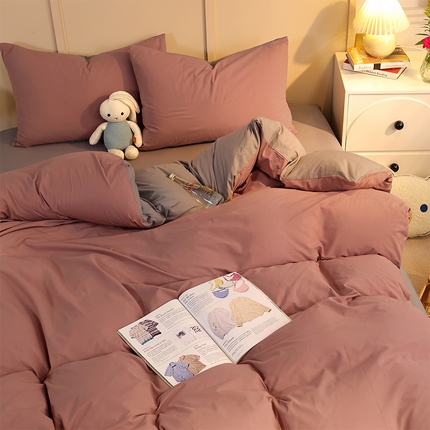 悦织湾家纺 2025新款亲肤水洗棉纯色双拼四件套轻奢时尚 双拼豆沙+浅灰