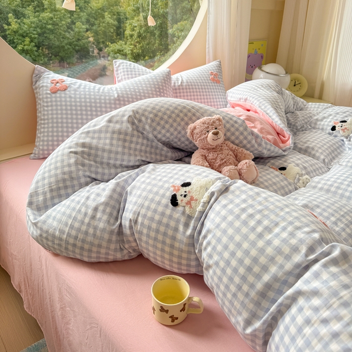 91家纺网 家纺一手货源 找家纺 优佳优品 2024新款水洗棉毛巾绣四件套（可提供买家秀） 蓝色萌宠