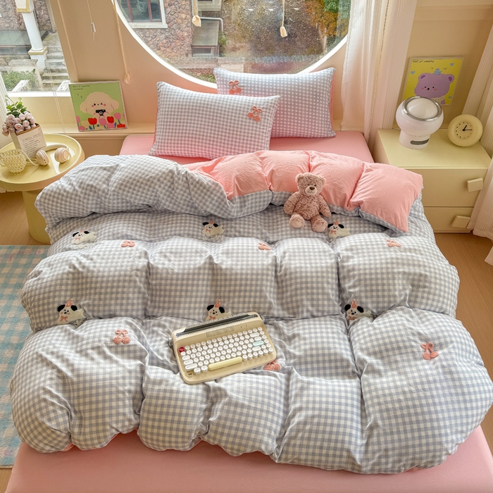 91家纺网 家纺一手货源 找家纺 优佳优品 2024新款水洗棉毛巾绣四件套（可提供买家秀） 蓝色萌宠